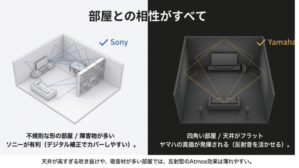 部屋の形とサウンドバーの相性 サウンドバーと部屋の相性。不規則な部屋はソニー、四角い部屋はヤマハが有利