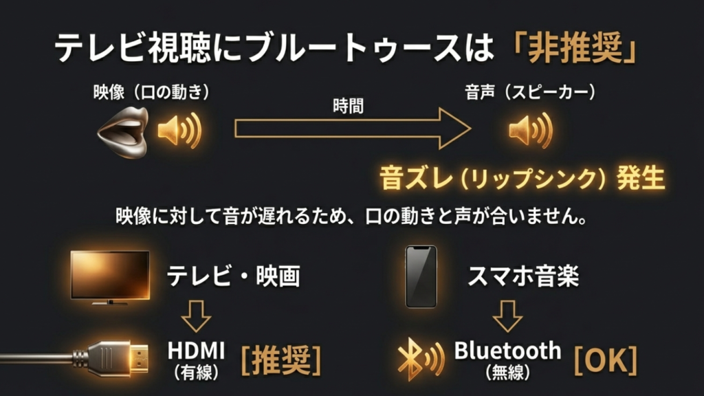 テレビ視聴時にBluetooth接続が推奨されない理由と音ズレの図解