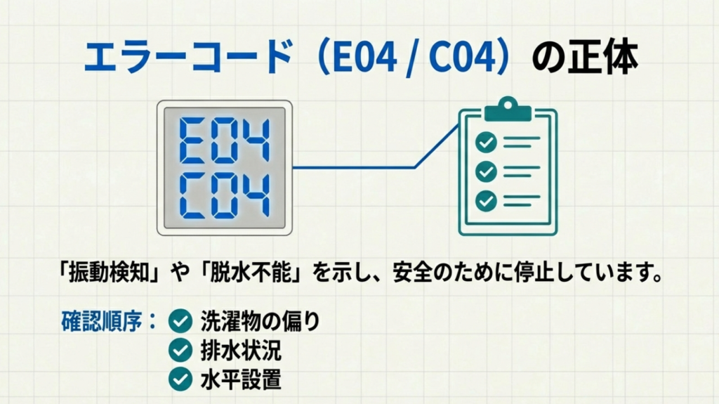 洗濯機のエラーコードE04・C04(異常振動・偏り)の意味 洗濯機のエラーコードE04・C04(異常振動・偏り)の意味
