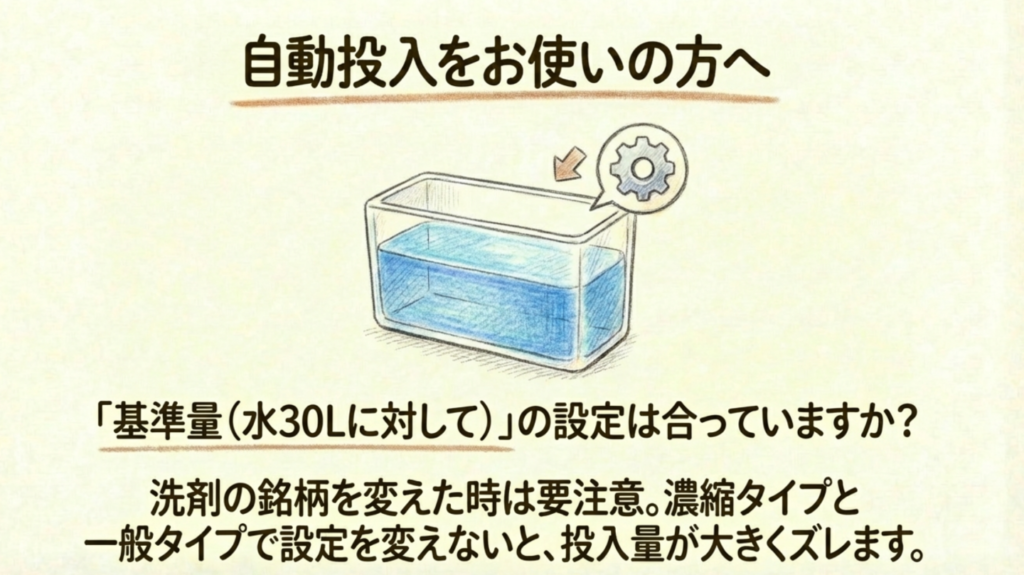 自動投入をお使いの方へ。「基準量（水30Lに対して）」の設定は合っていますか？洗剤を変えた時は要注意