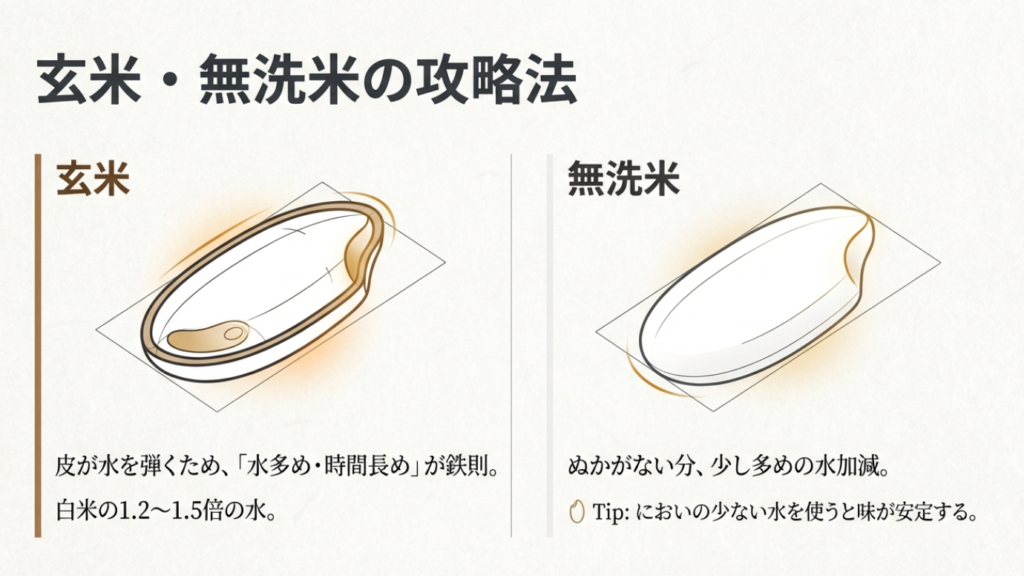 玄米・無洗米の攻略法。玄米は皮が水を弾くため水多め・時間長めが鉄則