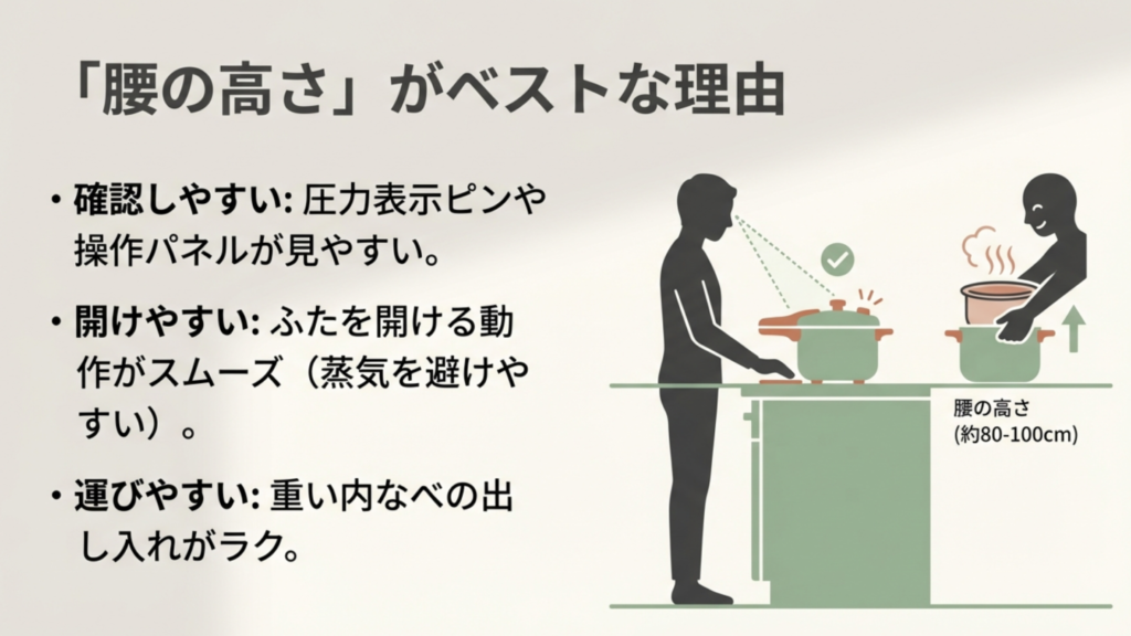 腰の高さがベストな理由 電気圧力鍋が使いやすい腰の高さ(床から80〜100cm)の図解