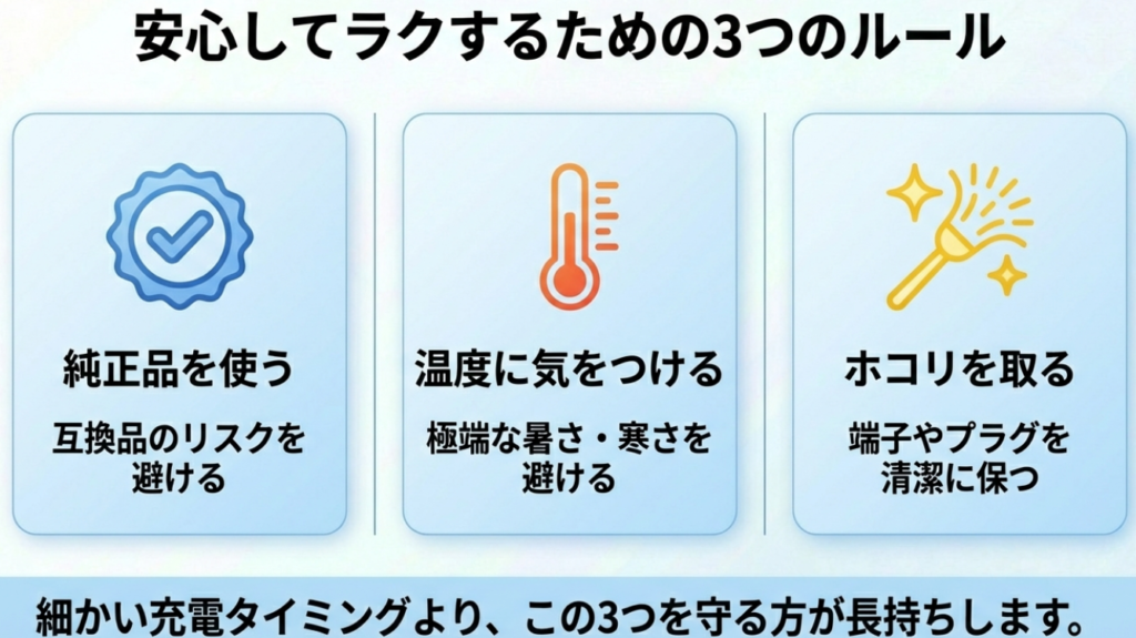 純正品使用・温度管理・ホコリ対策の3点をまとめた重要ポイント