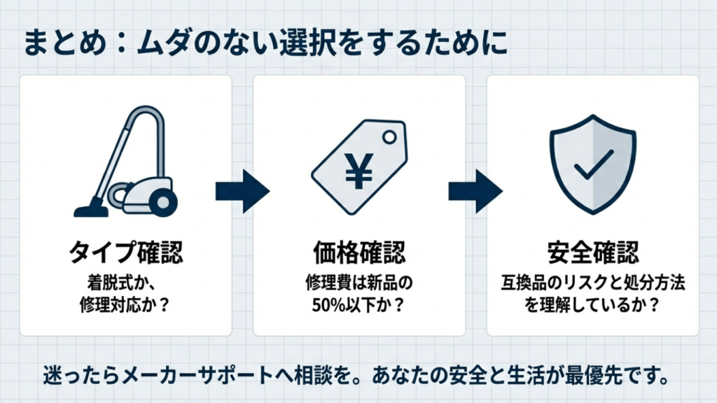 バッテリー交換の判断まとめ:タイプ確認、価格確認、安全確認の3ステップ