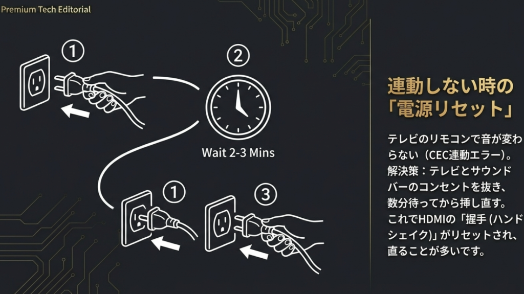 HDMIの電源リセット HDMI連動しない時は電源を抜いて2〜3分待つリセット手順