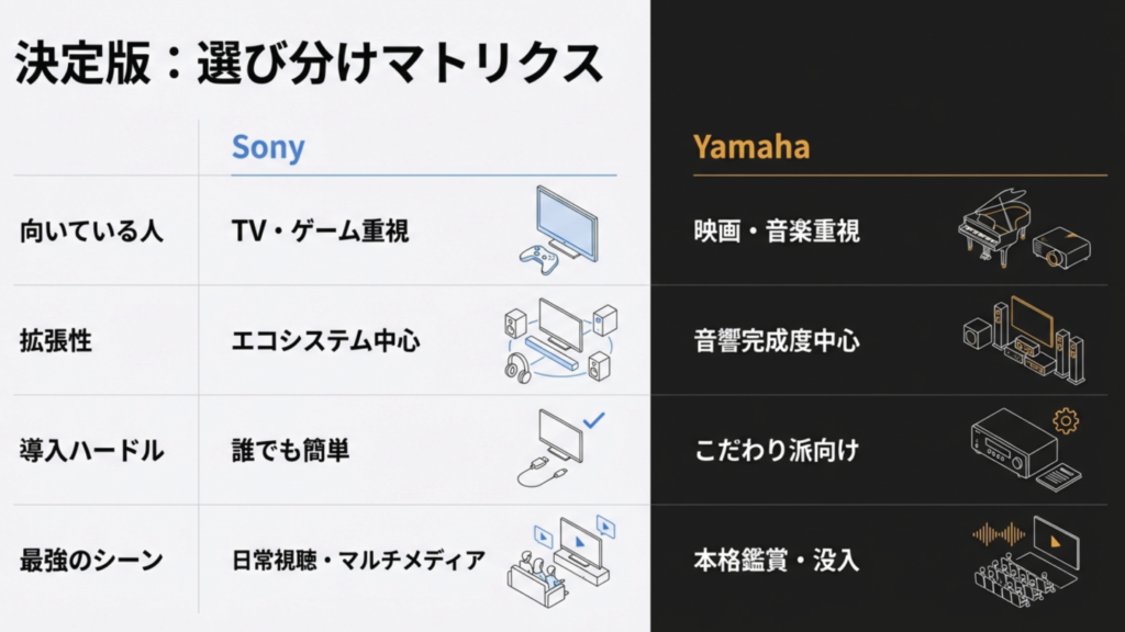 決定版:選び分けマトリクス ソニーとヤマハの選び分けマトリクス。向いている人や最強のシーン