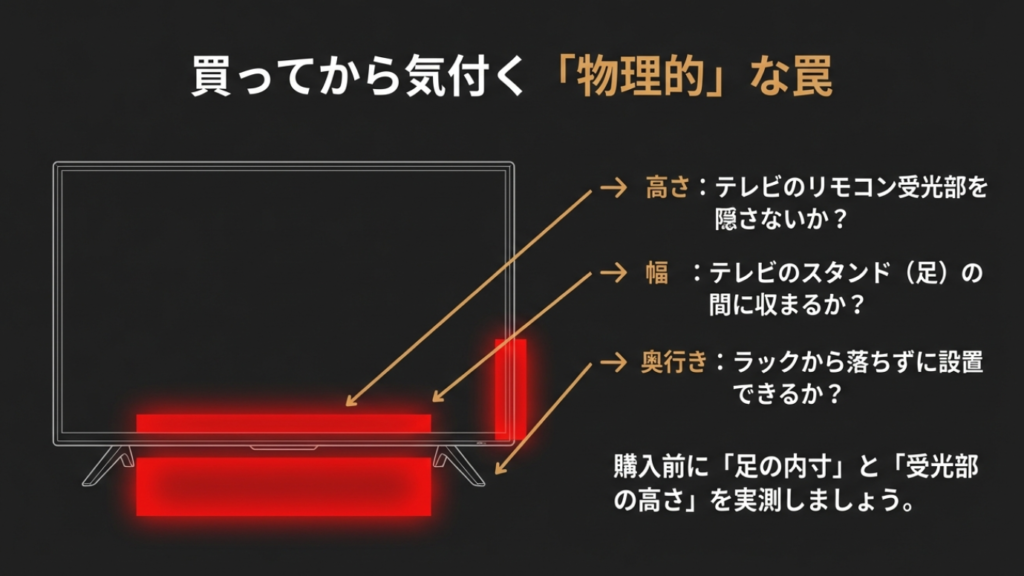 サウンドバー購入前に確認すべきテレビスタンド幅と受光部の高さ