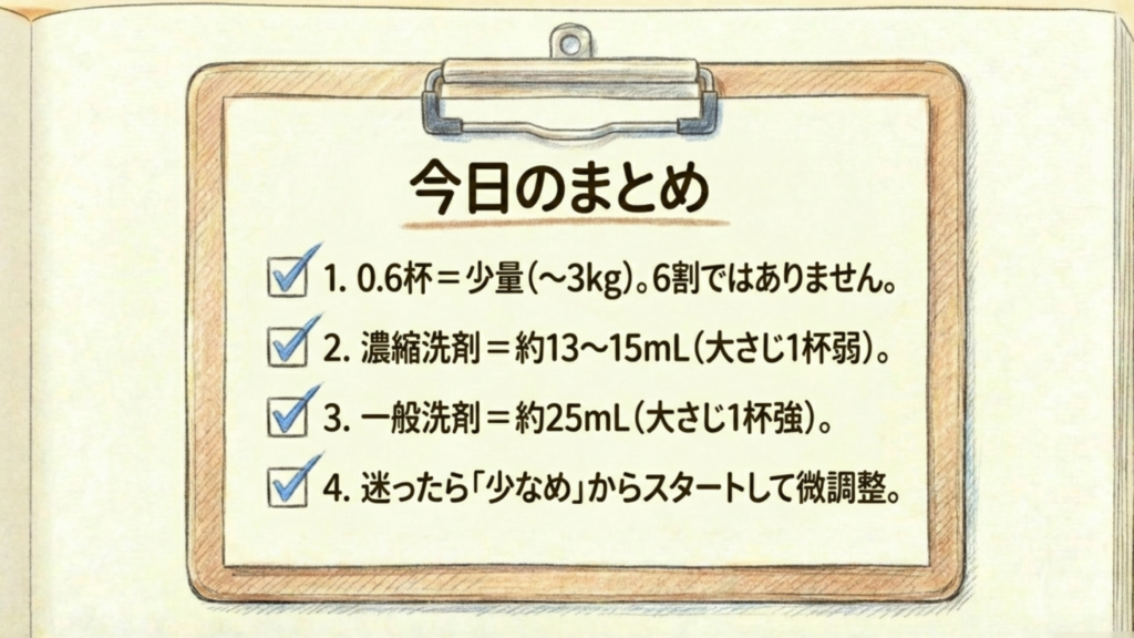 今日のまとめ。0.6杯は少量（約3kg）。濃縮洗剤は約13-15ml、一般洗剤は約25mlが目安