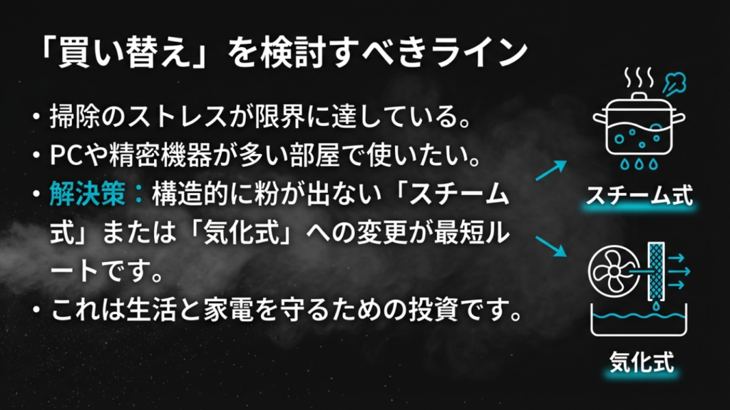 掃除のストレスやPC環境を考慮した、スチーム式・気化式への買い替え推奨ライン
