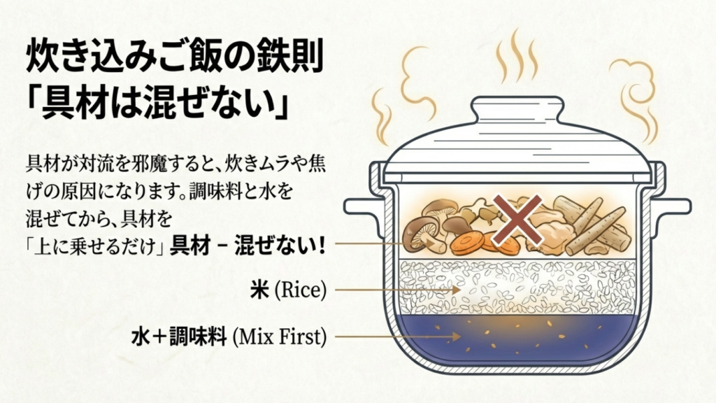 炊き込みご飯の鉄則は具材を混ぜないこと。対流を邪魔せず、調味料の沈殿による焦げを防ぐため、具材は一番上に乗せるだけ