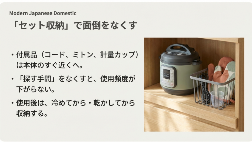 付属品のセット収納 電気圧力鍋の付属品をまとめたセット収納のアイデア