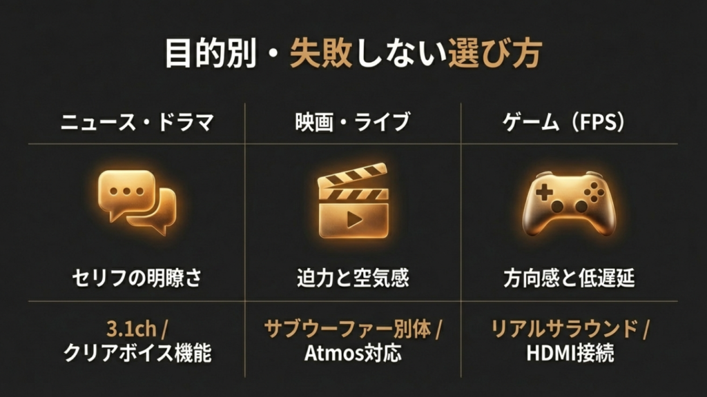 映画・ニュース・ゲームなど目的別に最適な機能と接続方法の選び方表