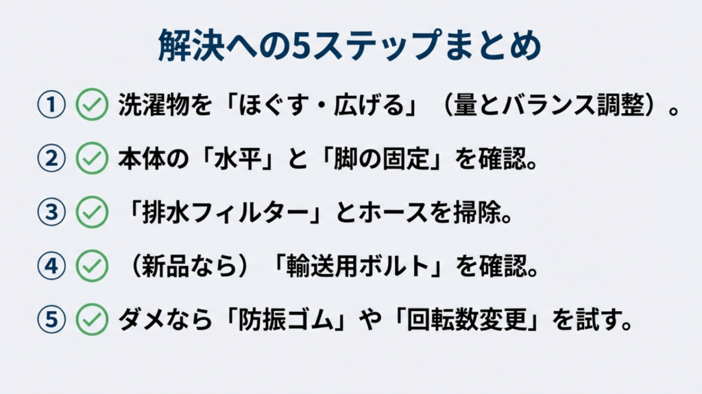 解決への5ステップ ドラム式洗濯機の揺れ解決への5ステップまとめ