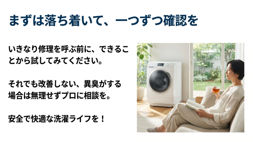 まずは落ち着いて確認を 落ち着いて一つずつ洗濯機を確認し、無理ならプロに相談