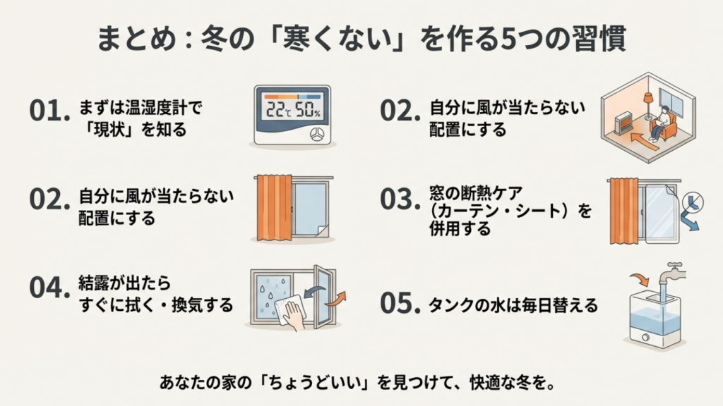 冬の室内を快適にするための5つの習慣まとめ：温湿度計、配置、断熱、結露対策、水交換