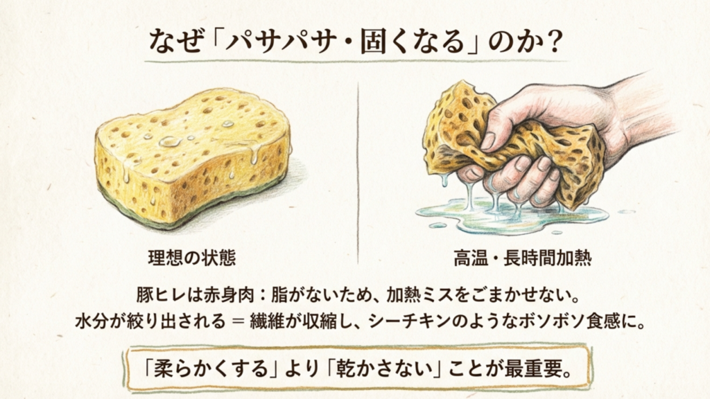 水分が抜けるとパサパサのスポンジ状態に 豚ヒレ肉から水分が抜けてスポンジ状になりパサパサになる仕組みのイラスト