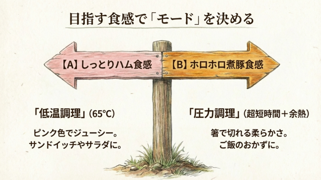 目指す食感でモードを決める しっとりハム食感なら低温調理、ホロホロ食感なら圧力調理を選ぶチャート