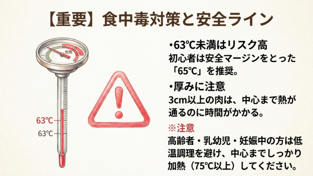 重要:食中毒対策と安全ライン 食中毒リスクに関する注意喚起。高齢者や乳幼児への配慮と安全な加熱について。