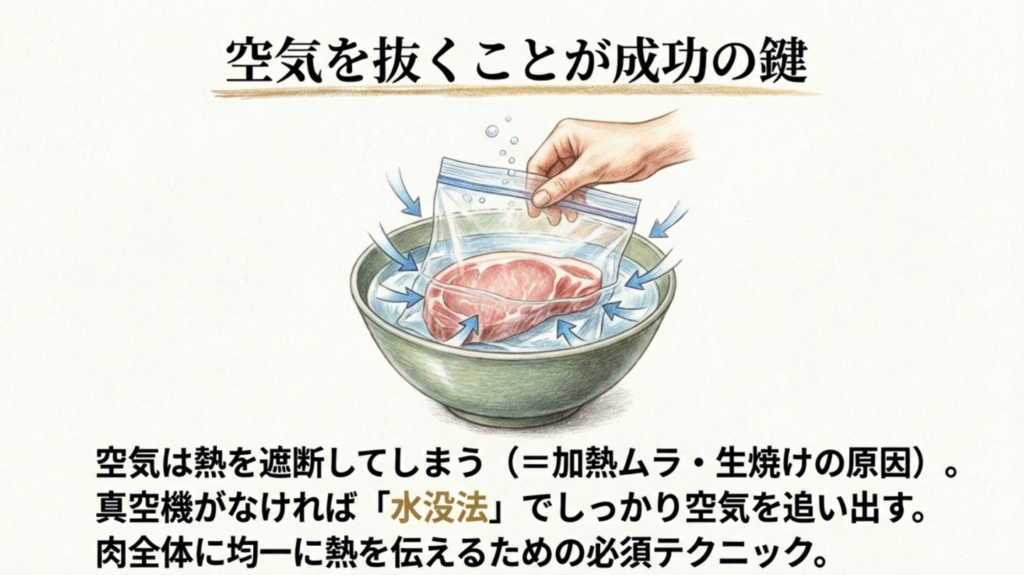ジッパー付き保存袋を水に沈めて空気を抜く水没法のイラスト