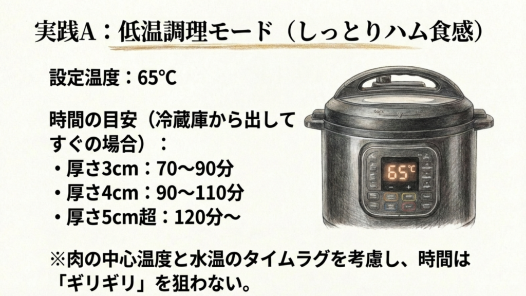 肉の厚みと加熱時間の目安 しっとりハム食感なら低温調理、ホロホロ食感なら圧力調理を選ぶチャート