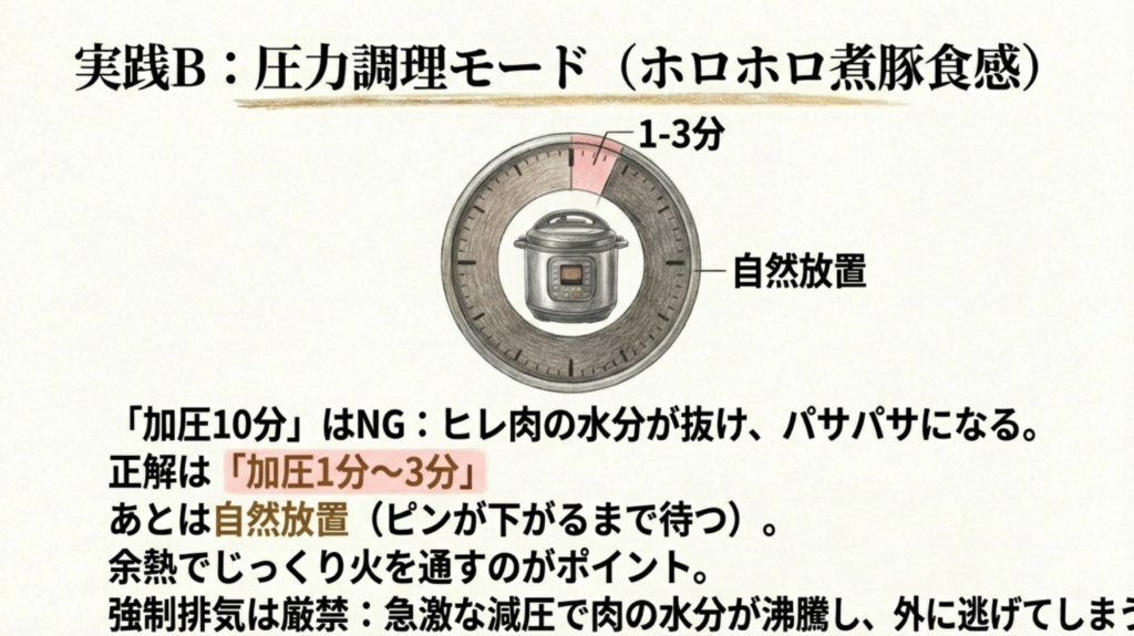 圧力調理は「1〜3分」+自然放置が正解 圧力調理の時間は1〜3分が目安という時計のイラスト。10分は長すぎることを警告。