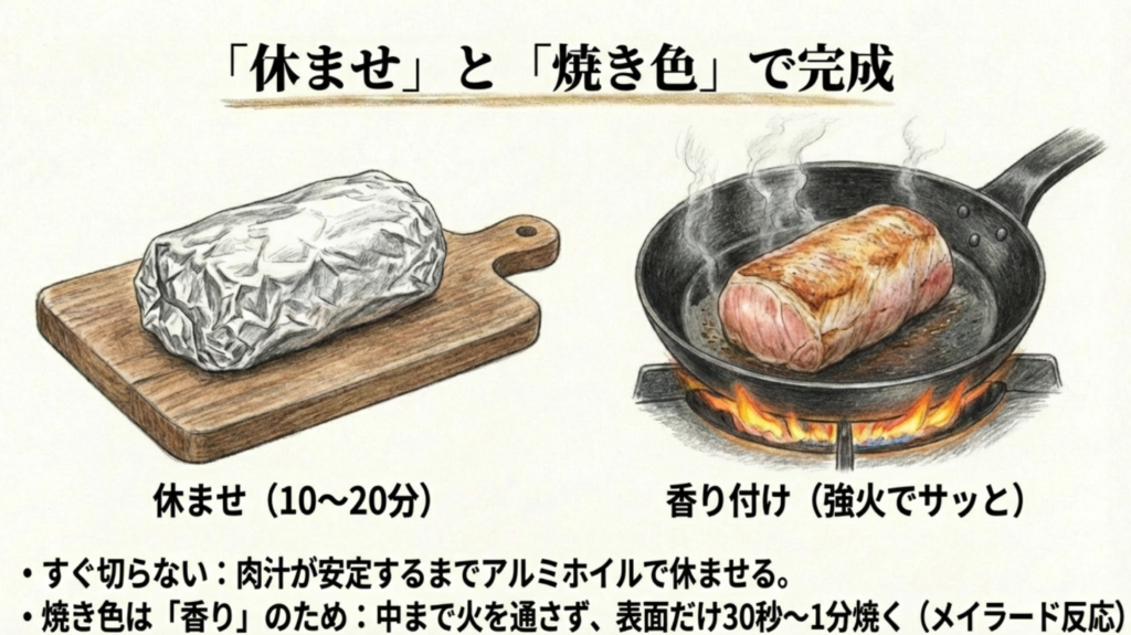 休ませと焼き色で完成度アップ アルミホイルで肉を休ませる様子と、フライパンで焼き色をつける様子のイラスト