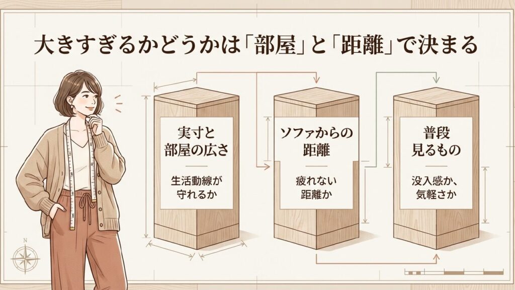 部屋の広さ、ソファからの距離、普段見るものの3つで適正サイズが決まる図解