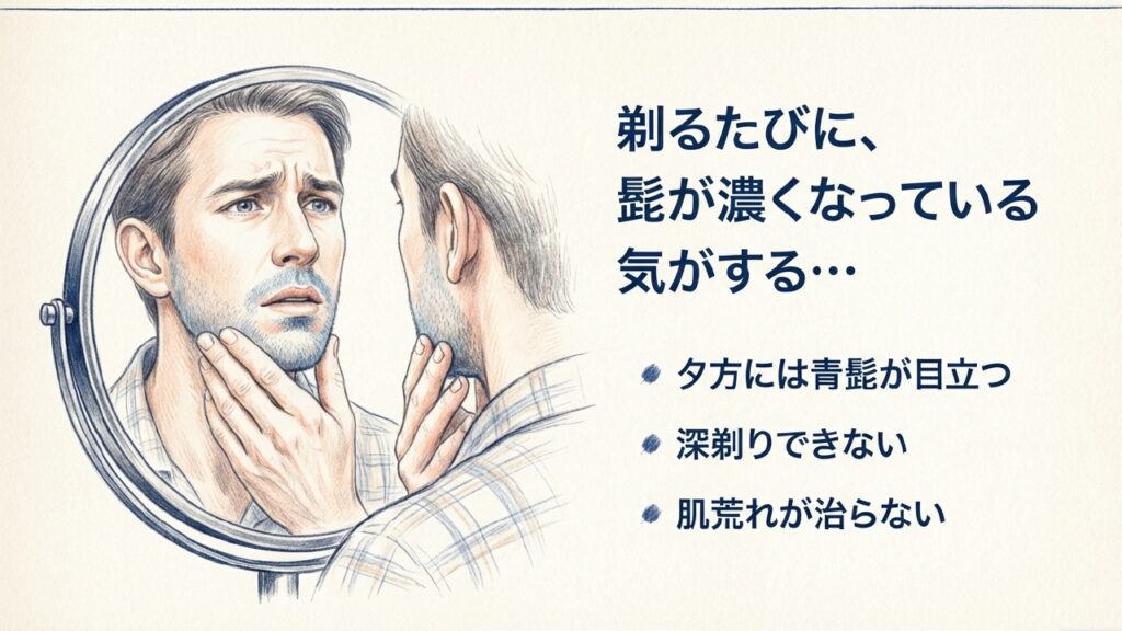 鏡を見て青髭や深剃りできないことに悩む男性のイラスト