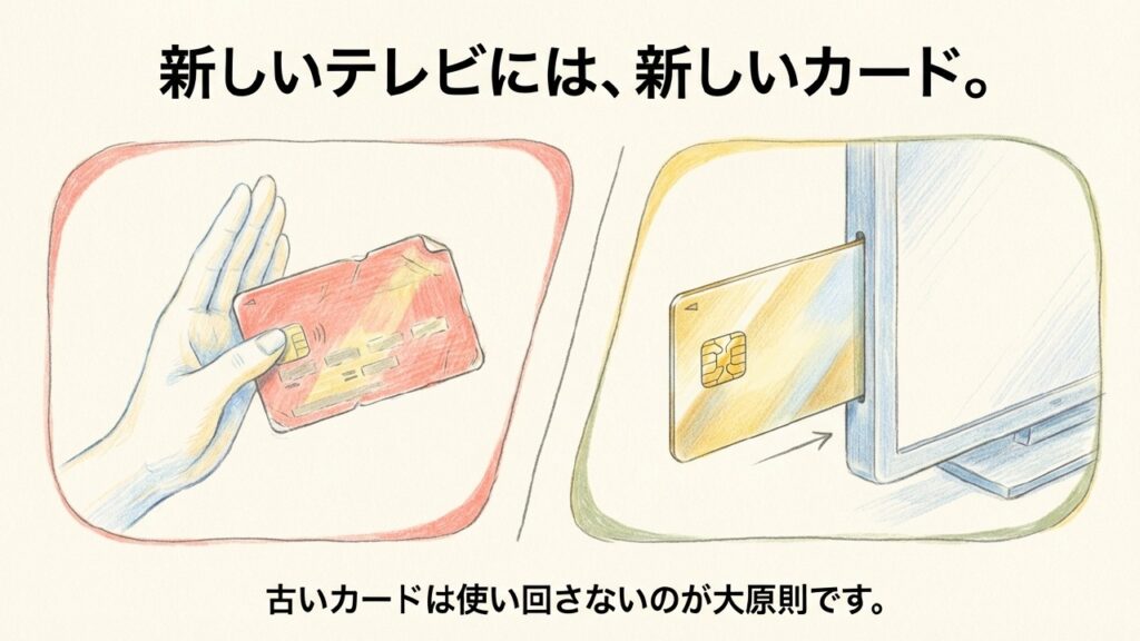 新しいテレビには新しいB-CASカードを使い古いカードは使い回さない