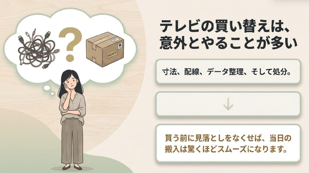 テレビの買い替えは、寸法、配線、データ整理、そして処分など意外とやることが多い