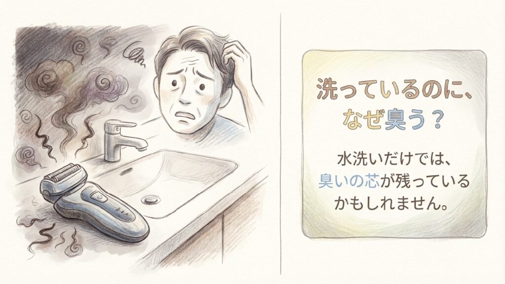 臭う電動シェーバーに悩む男性