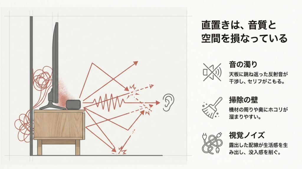 テレビ台直置きによる音の反射とサウンドバーを浮かせた場合の直接音の比較図