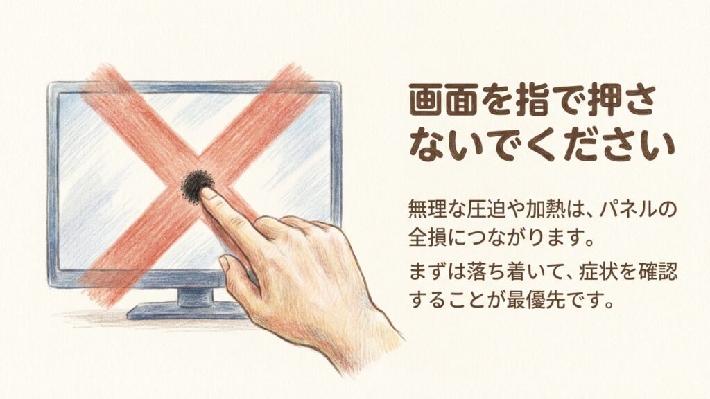 液晶画面を指で押すのは厳禁。無理な圧迫はパネル全損につながります