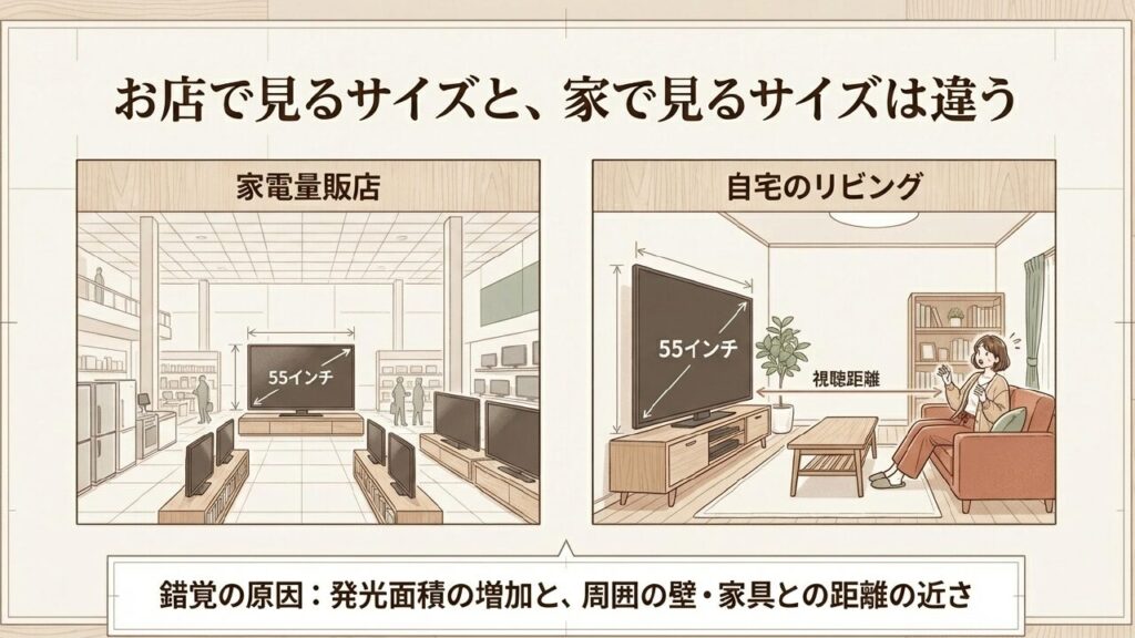 家電量販店と自宅のリビングにおけるテレビのサイズ感と圧迫感の違い