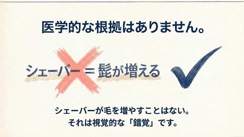電動シェーバーで髭が増えるのは医学的根拠のない錯覚であることを示す図解