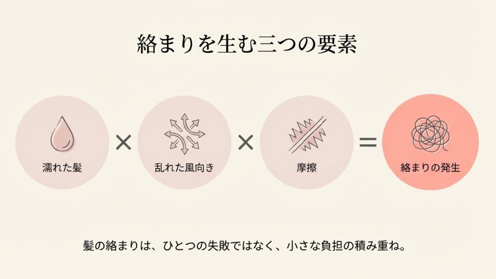 絡まりを生む3つの要素（濡れた髪・乱れた風向き・摩擦）