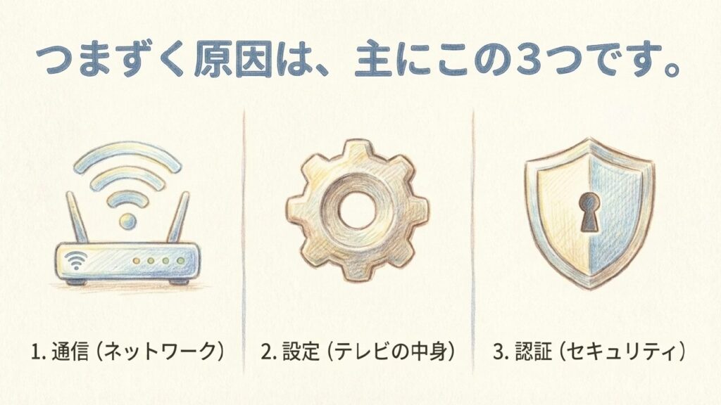 ログインエラーの3つの主な原因（通信、設定、認証）