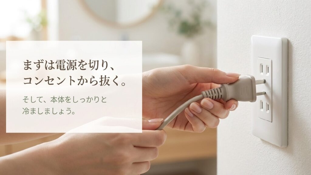 まずは電源を切りコンセントから抜いて本体を冷ます