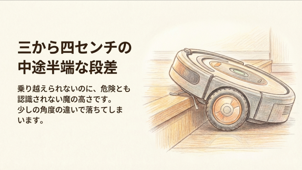 3〜4cmの中途半端な段差で身動きが取れなくなるロボット掃除機