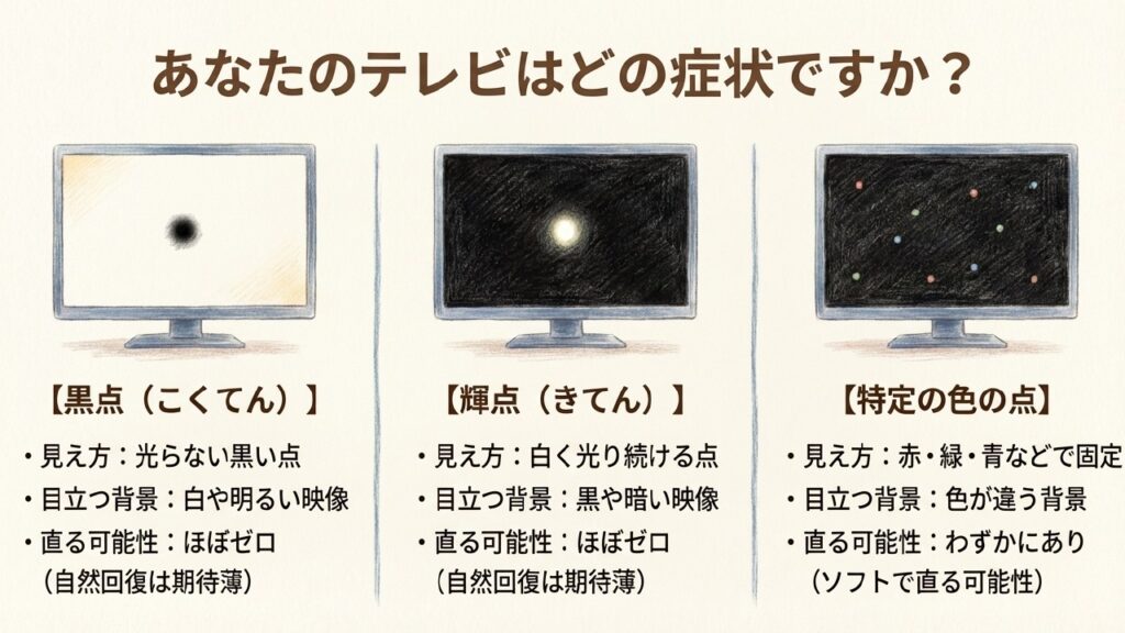 黒点、輝点、特定の色の点の見え方と直る可能性の違い