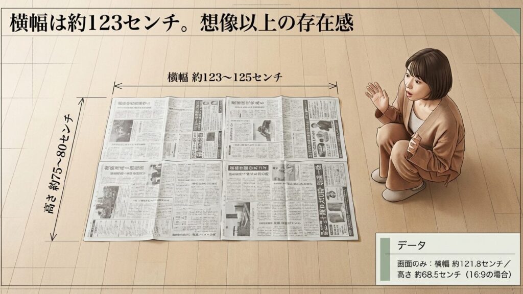 55インチテレビの実際の横幅約123センチと高さ約75センチを示す図解