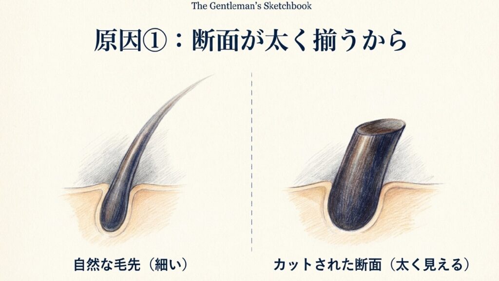 髭がシェーバーで水平にカットされ断面が太く揃う仕組みの図解