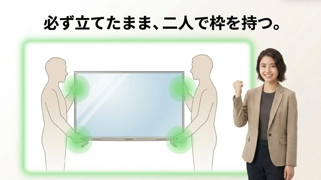 テレビは必ず立てたまま二人で枠を持つ
