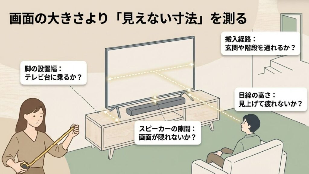 テレビの画面の大きさより見えない寸法を測る。搬入経路、脚の設置幅、スピーカーの隙間、目線の高さ