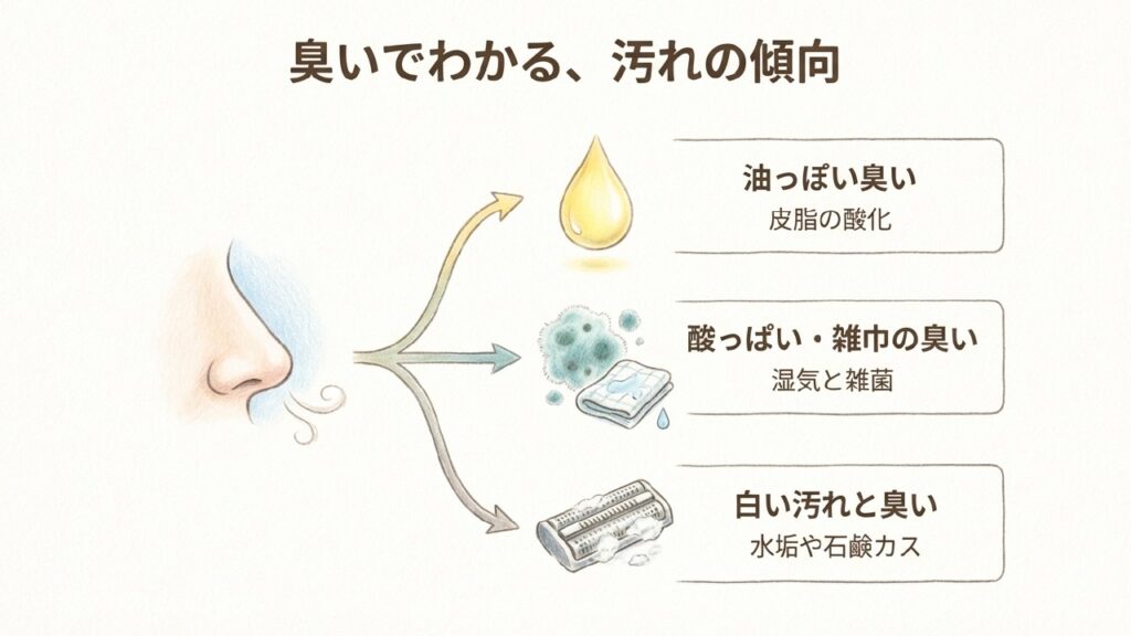 油っぽい臭い、酸っぱい臭い、白い汚れの傾向