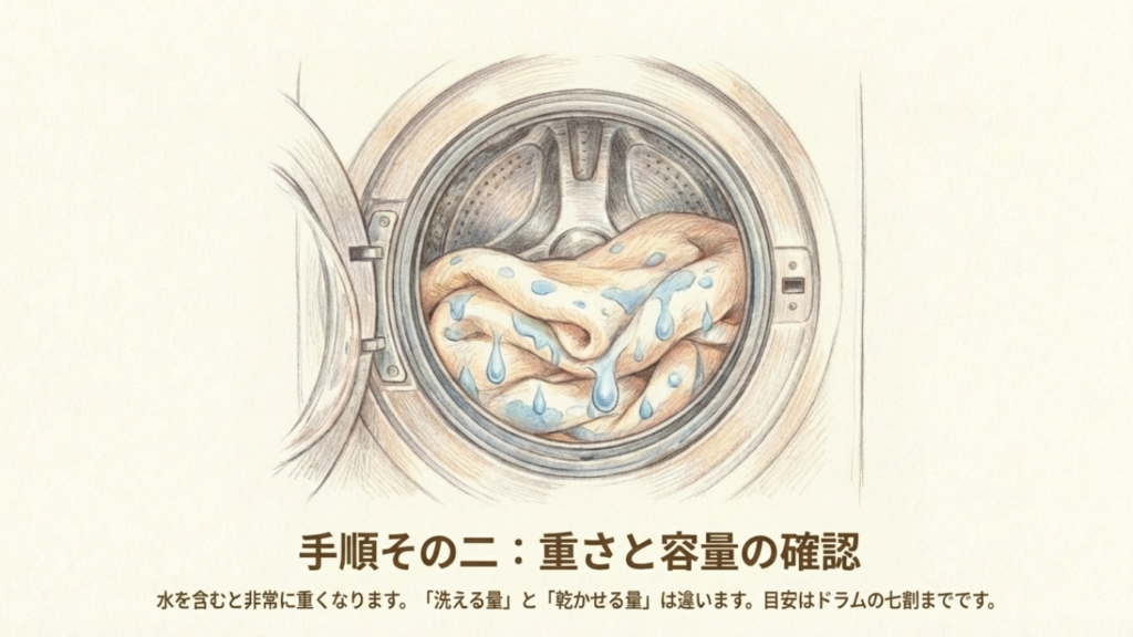 水を含んだ毛布が入ったドラム式洗濯機
