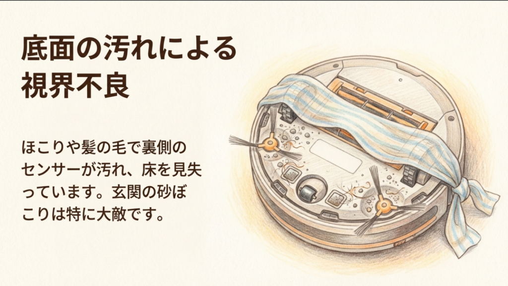 底面のセンサーがほこりや髪の毛で汚れ、視界不良になったロボット掃除機