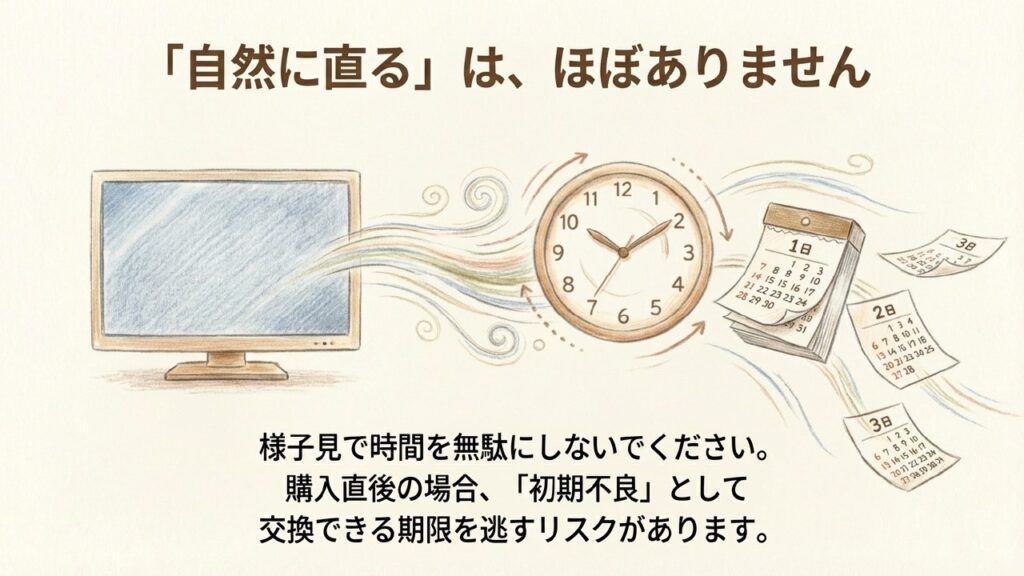 ドット抜けが自然に直る可能性はほぼゼロ。様子見で初期不良の交換期限を逃さないように注意