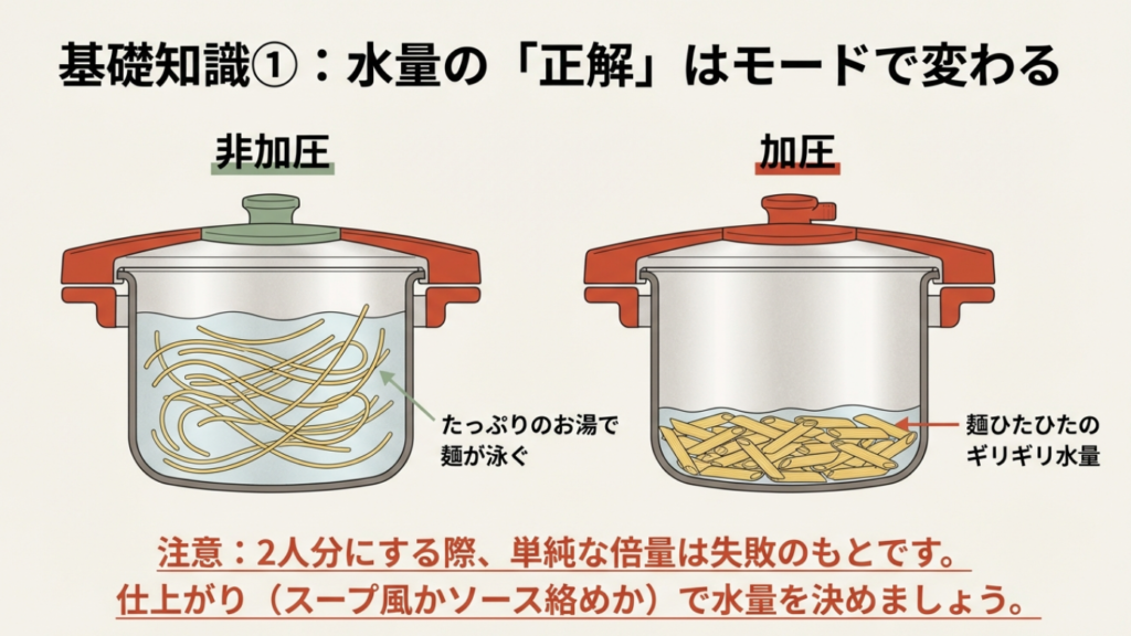 モード別の水量の目安 非加圧モードと加圧モードでの適切な水量の違いを示すイラスト