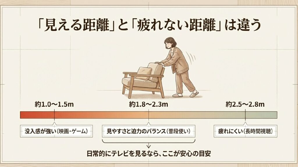 ソファを動かして約1.8から2.3メートルの見やすい視聴距離を確保する女性